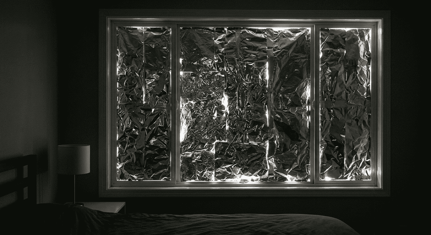 Aluminium foil on window letting light through gaps and edges