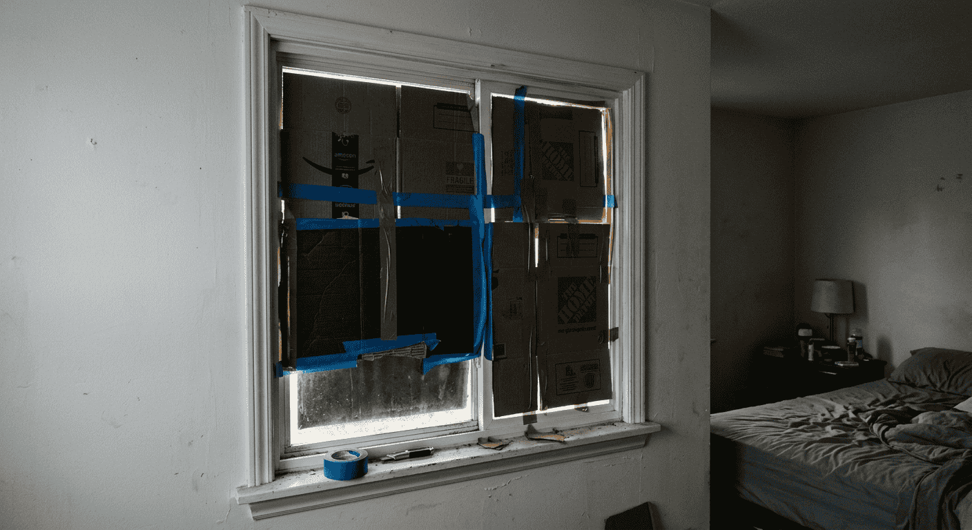 DIY cardboard covering taped to window as temporary blackout solution