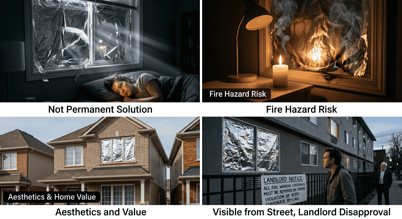 Why aluminium foil falls short as a blackout solution - not permanent, fire hazard, aesthetics, eviction risk