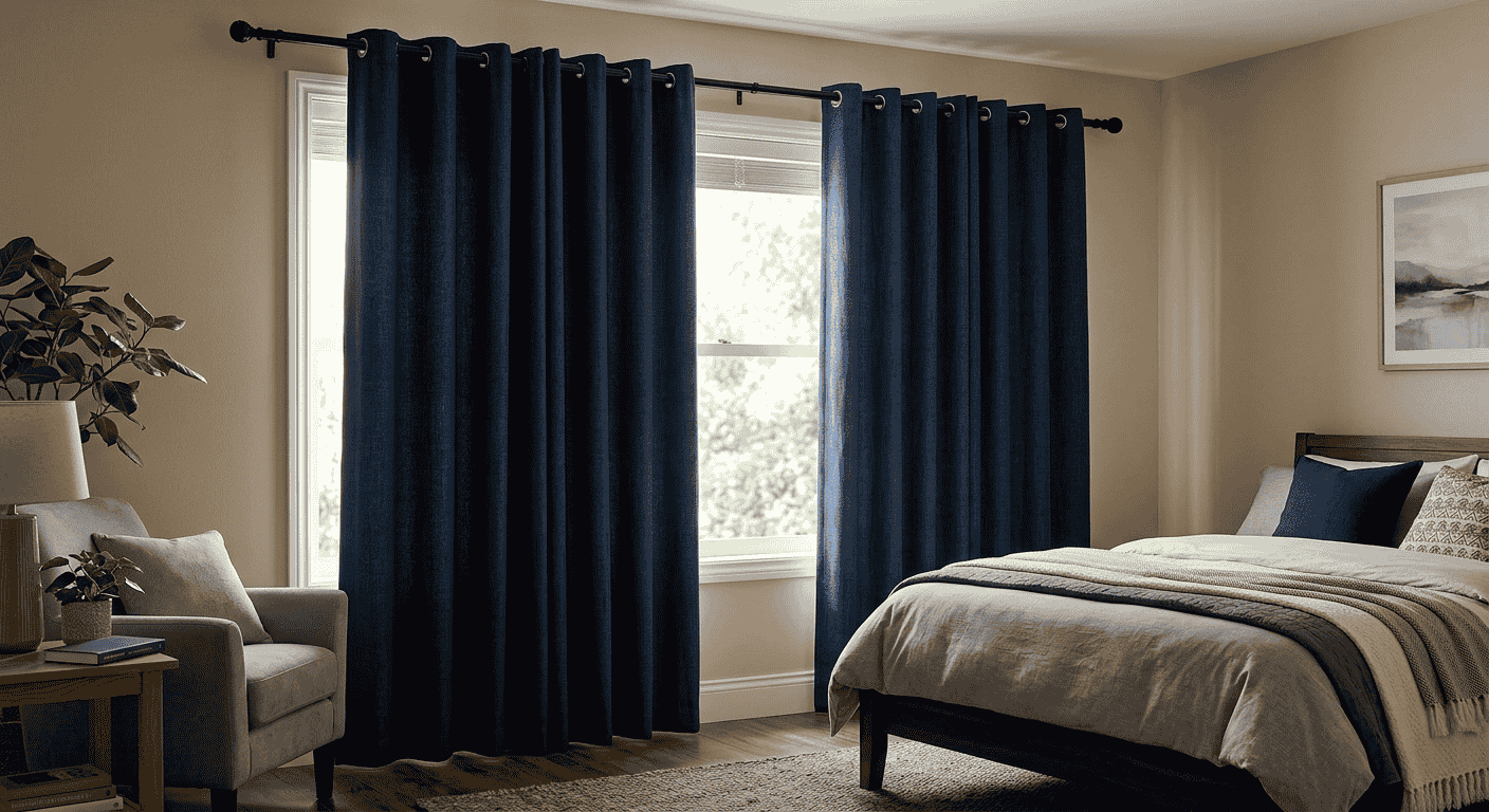 Blackout curtains installed in a bedroom blocking light from windows