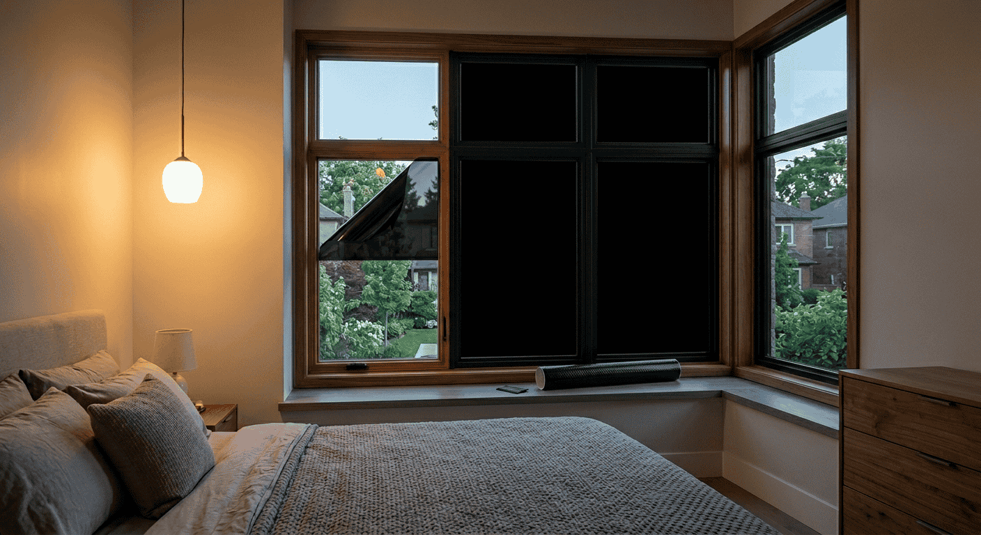 Blackout window film applied to glass to block light