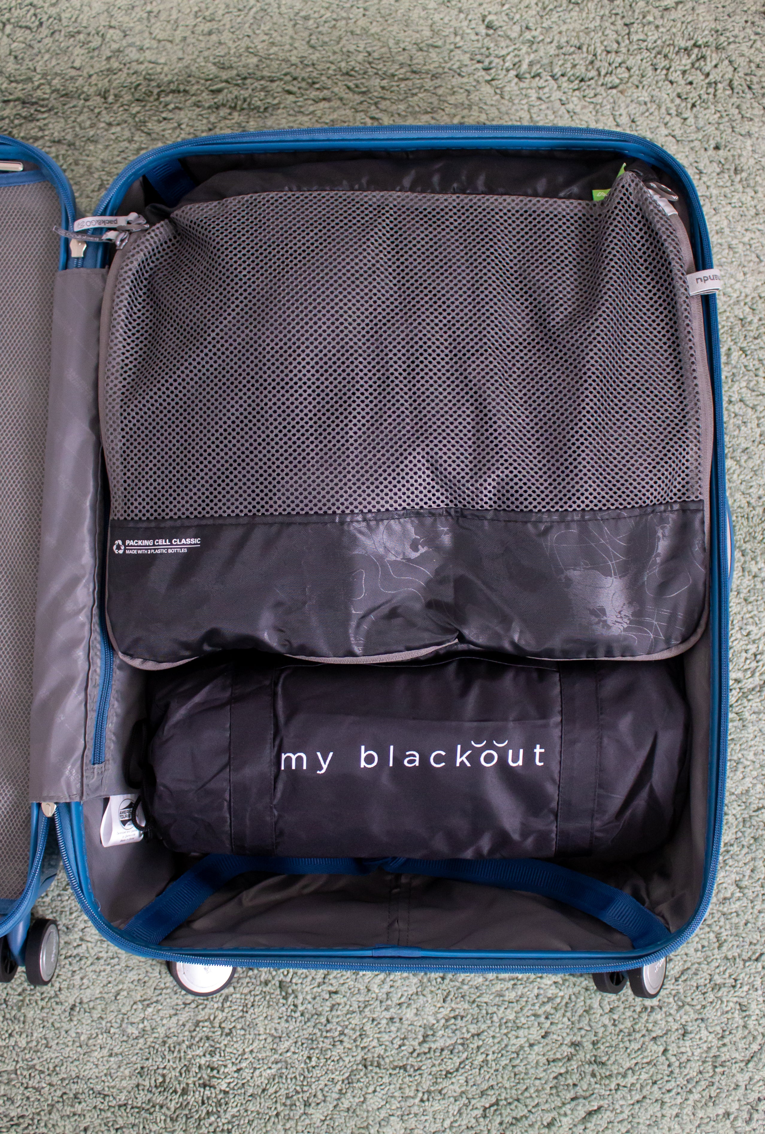 Travel blackout blind fits inside suitcase for easy packing